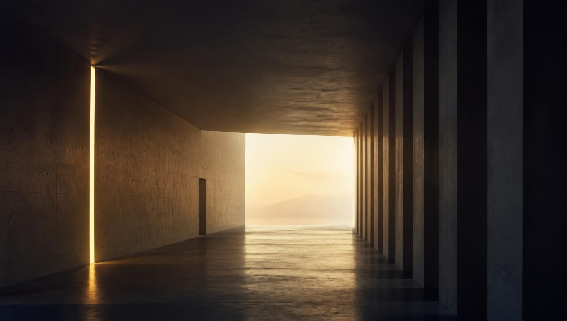 A concrete corridor opening onto a bright morning horizon